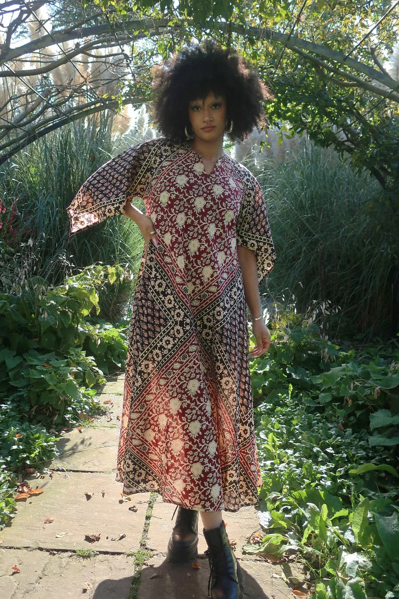 Emmylou Maxi Dress in Cherry Red & Black Patchwork Block Print