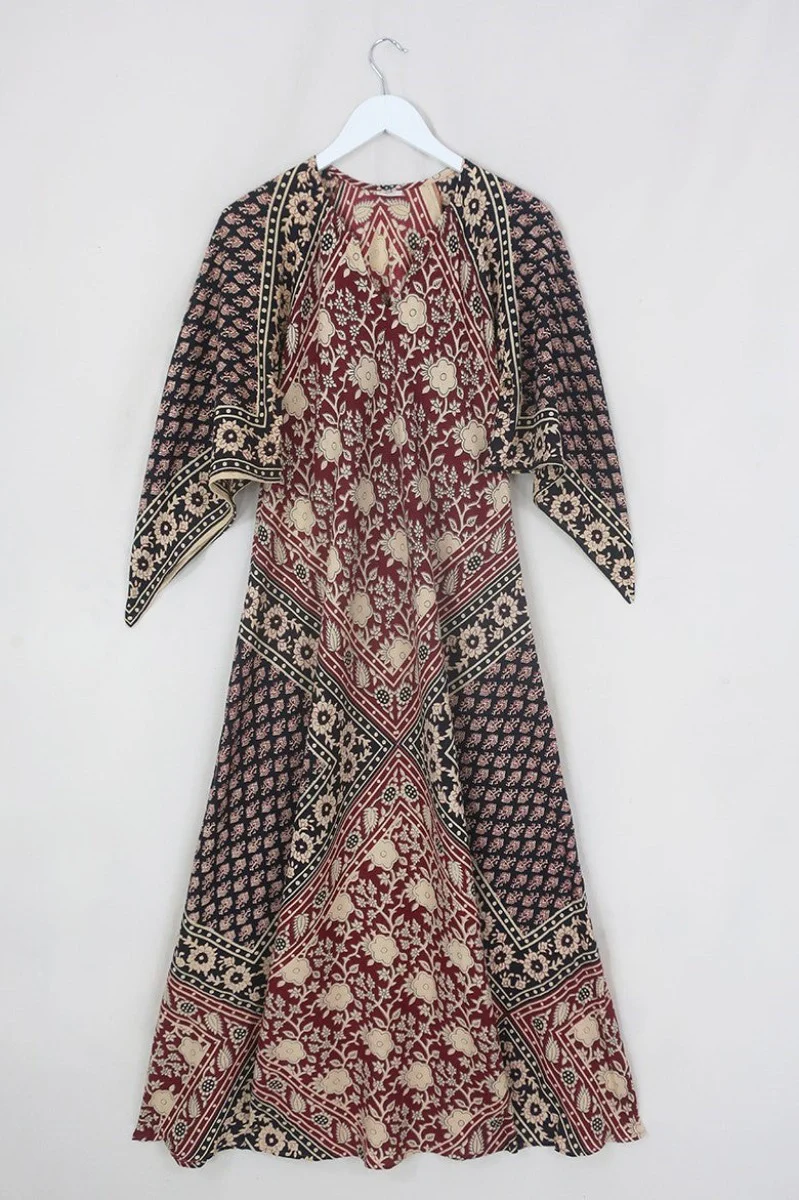Emmylou Maxi Dress in Cherry Red & Black Patchwork Block Print - Image 2