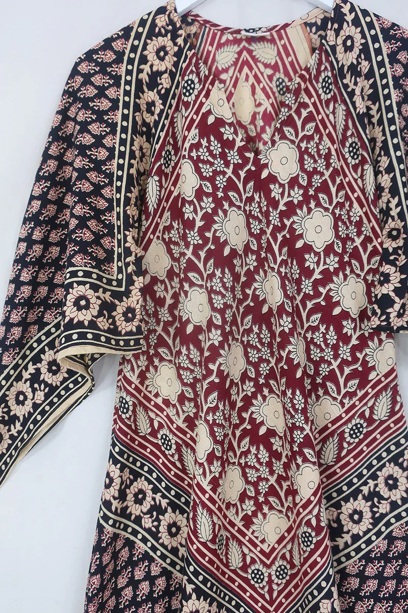 Emmylou Maxi Dress in Cherry Red & Black Patchwork Block Print - Image 4