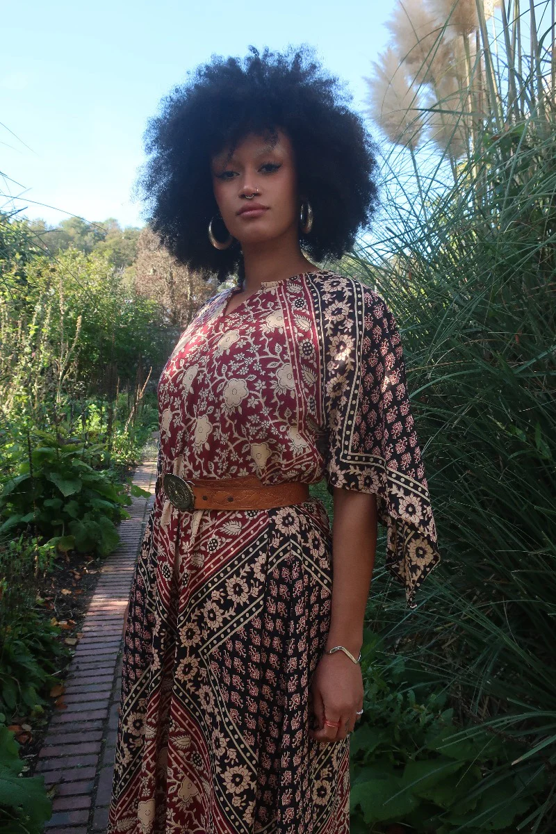 Emmylou Maxi Dress in Cherry Red & Black Patchwork Block Print - Image 6
