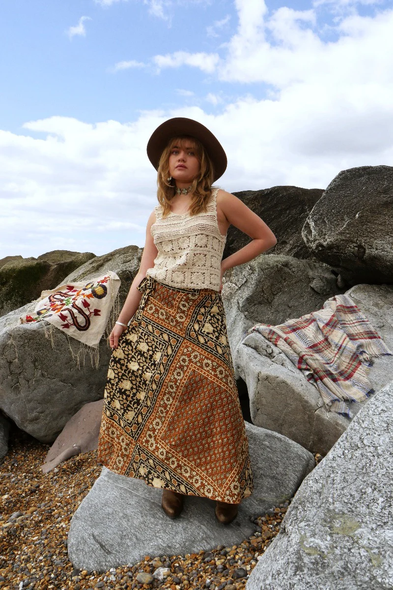 Emmylou Wrap Skirt in Camel Brown & Black Patchwork Block Print - Image 3