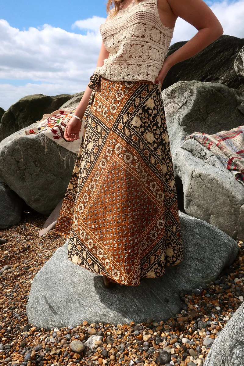 Emmylou Wrap Skirt in Camel Brown & Black Patchwork Block Print - Image 5