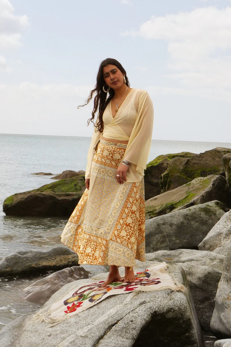 Emmylou Wrap Skirt in Stone Blue & Tan Patchwork Block Print - Image 3