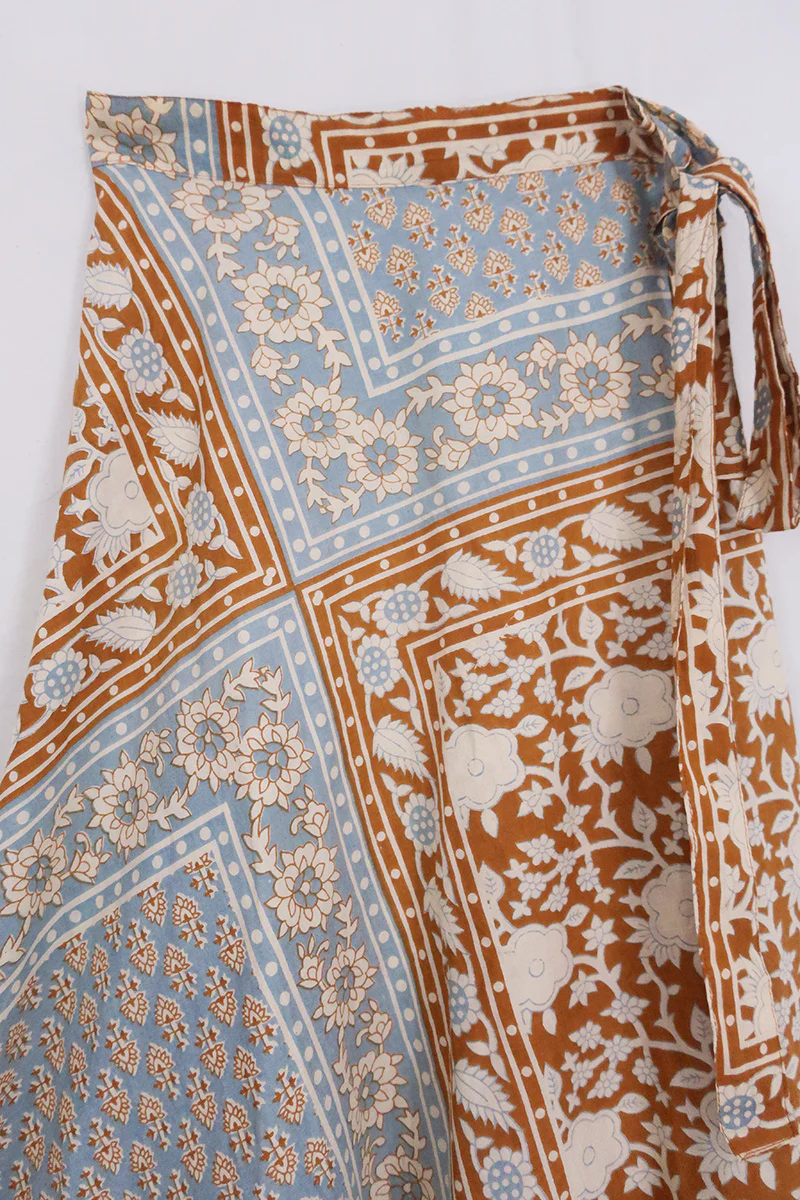 Emmylou Wrap Skirt in Stone Blue & Tan Patchwork Block Print - Image 4