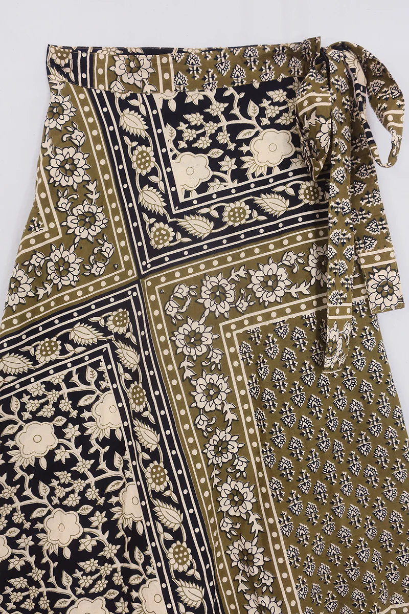Emmylou Wrap Skirt in Tarragon Green & Black Patchwork Block Print - Image 4