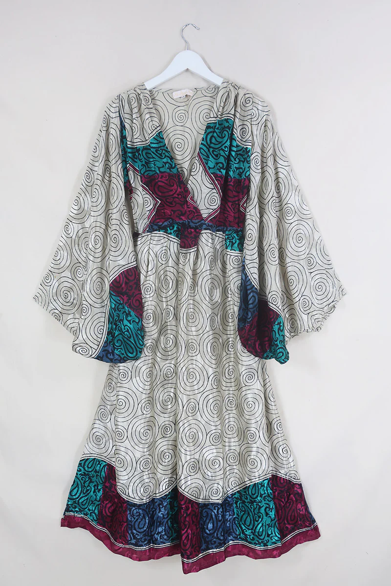 Fleur Bell Sleeve Maxi Dress - White Gold Waves & Teal Paisley - Vintage Sari - S - M/L - Image 2