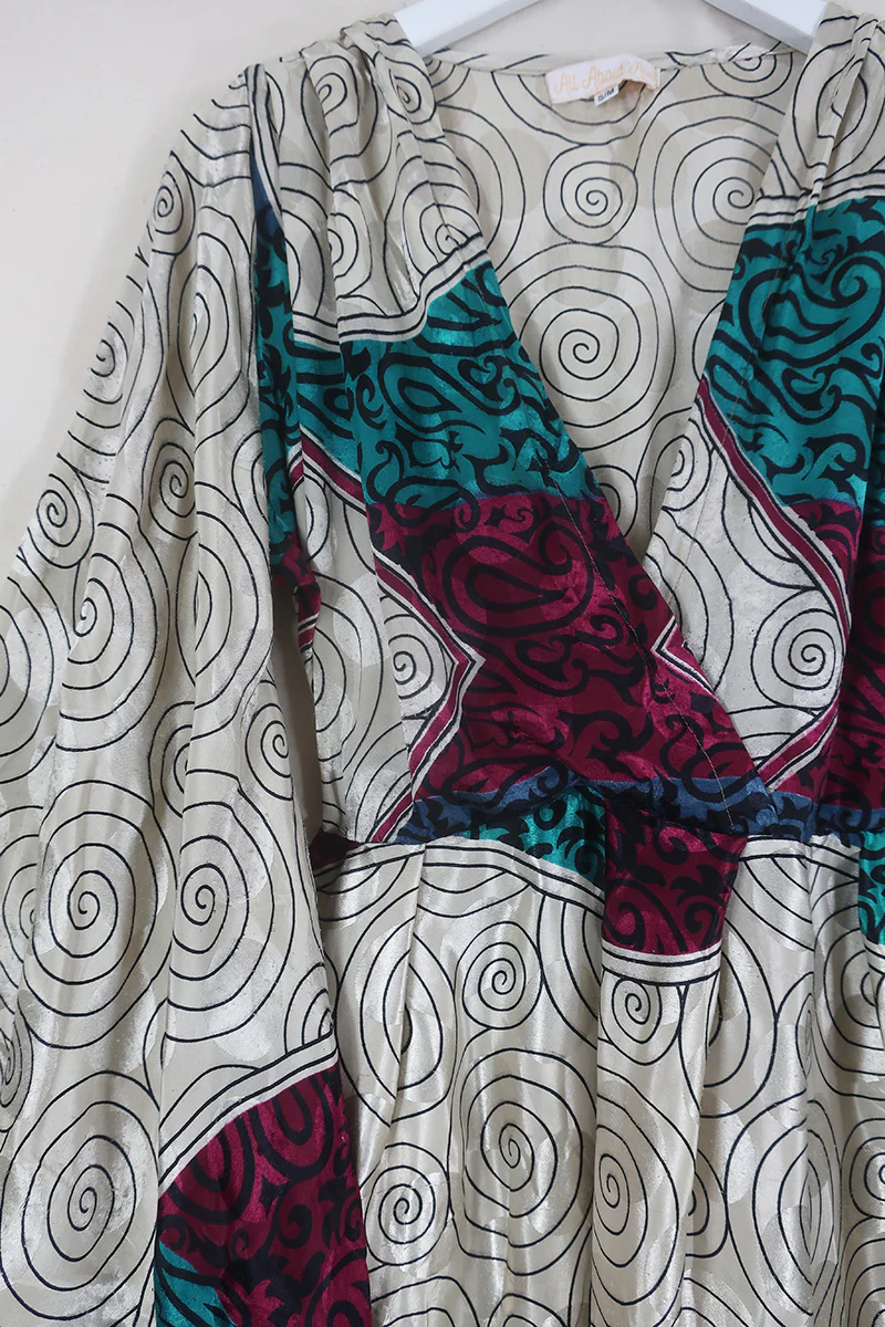 Fleur Bell Sleeve Maxi Dress - White Gold Waves & Teal Paisley - Vintage Sari - S - M/L - Image 3