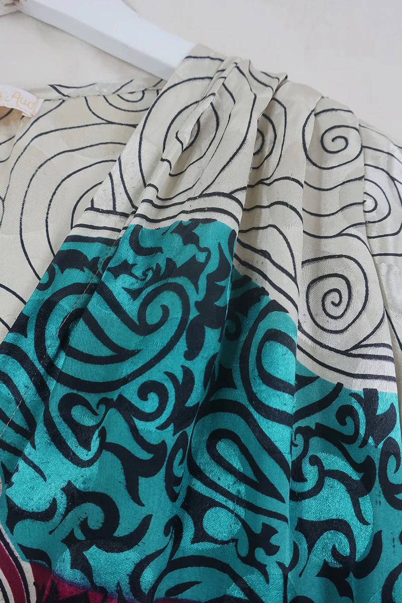 Fleur Bell Sleeve Maxi Dress - White Gold Waves & Teal Paisley - Vintage Sari - S - M/L - Image 7