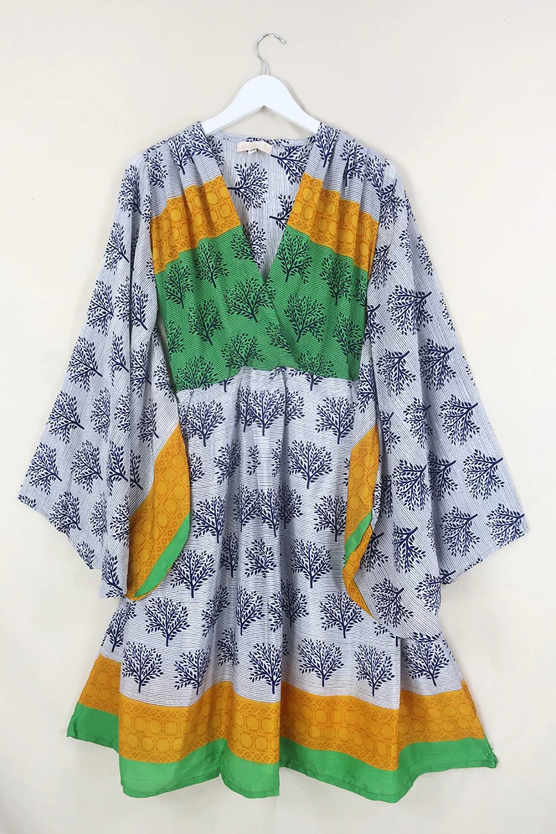Fleur Bell Sleeve Midi Dress - Sun Yellow & Lime Trees - Vintage Sari - S - M/L - Image 2