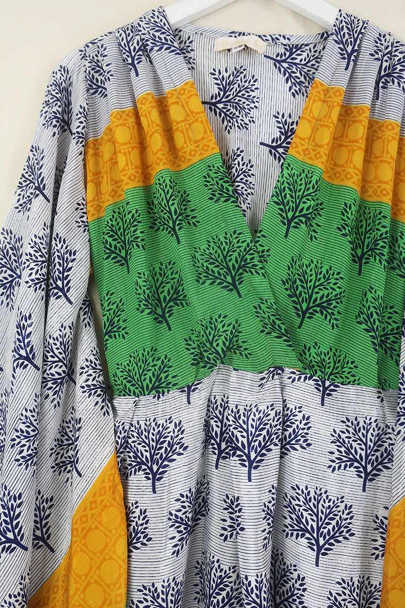 Fleur Bell Sleeve Midi Dress - Sun Yellow & Lime Trees - Vintage Sari - S - M/L - Image 3