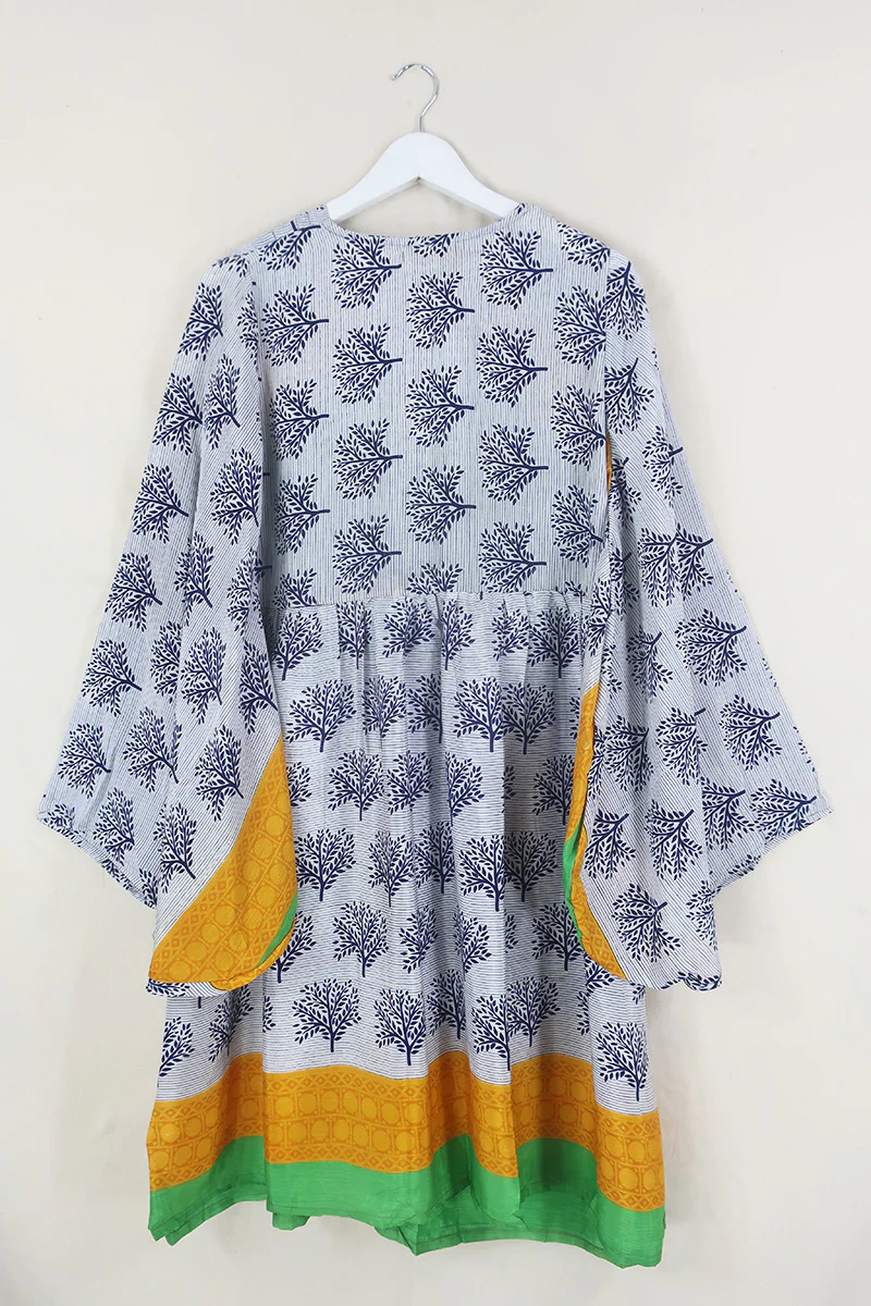 Fleur Bell Sleeve Midi Dress - Sun Yellow & Lime Trees - Vintage Sari - S - M/L - Image 4