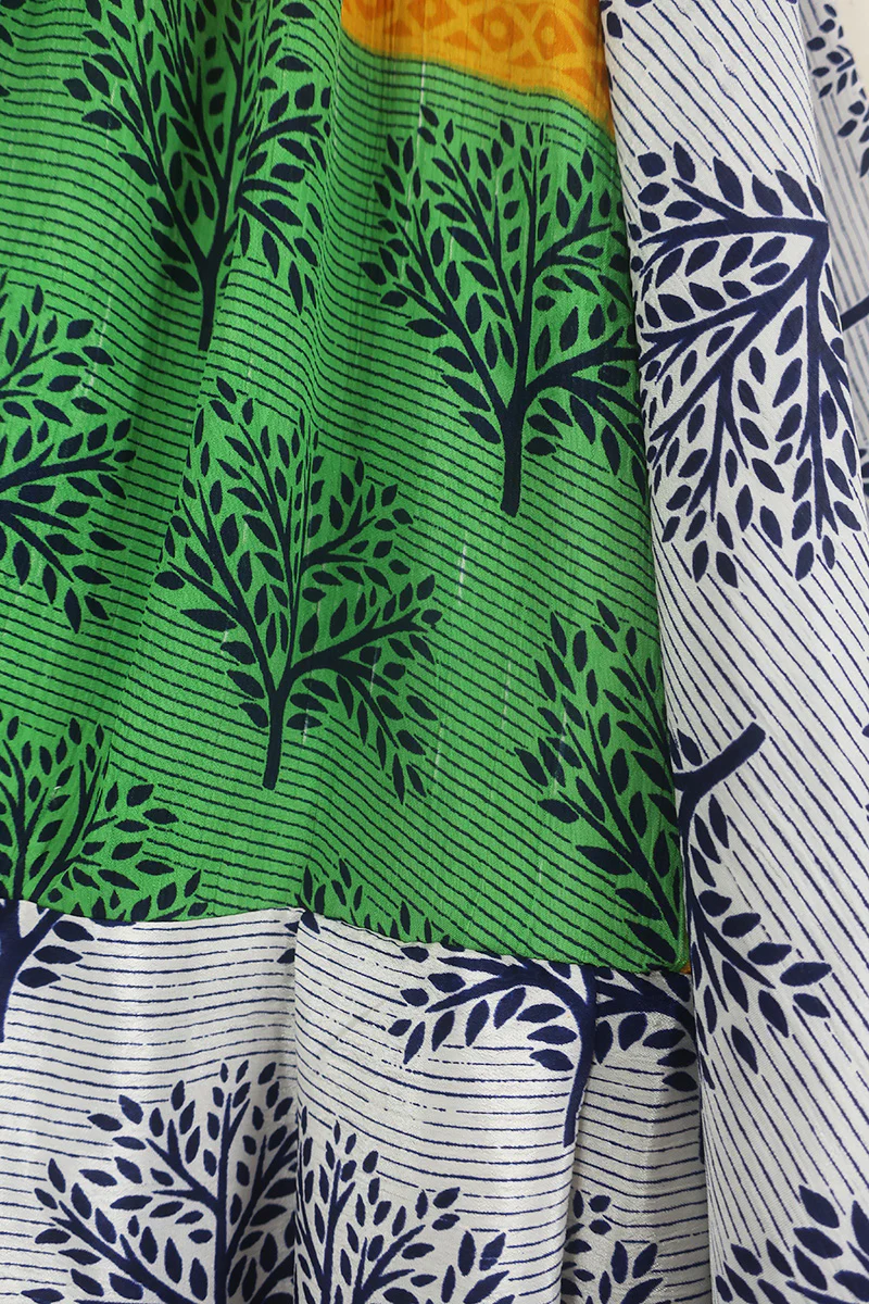 Fleur Bell Sleeve Midi Dress - Sun Yellow & Lime Trees - Vintage Sari - S - M/L - Image 5