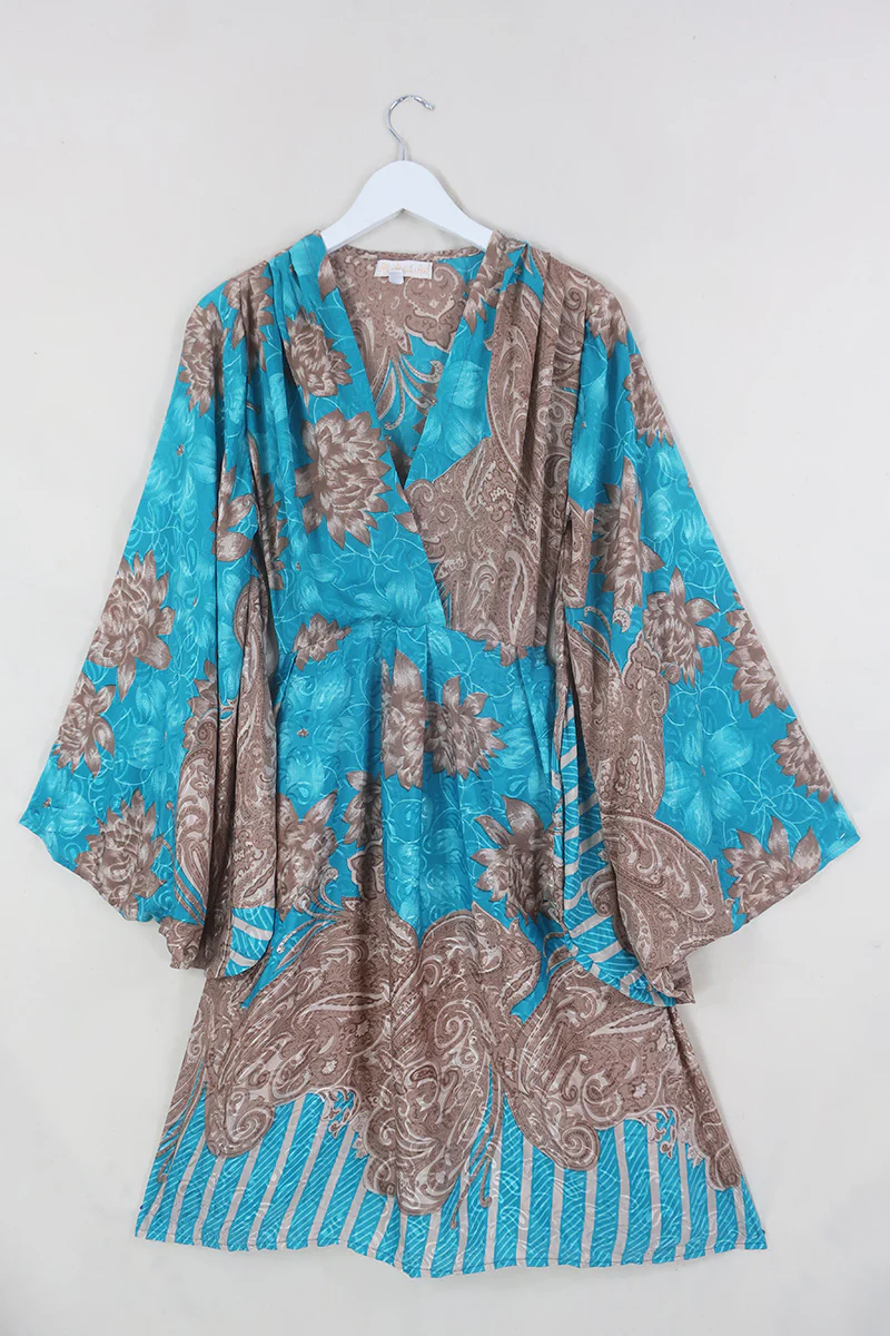 Fleur Bell Sleeve Midi Dress - Tan & Turquoise Paisley - Vintage Sari - S - M/L - Image 2