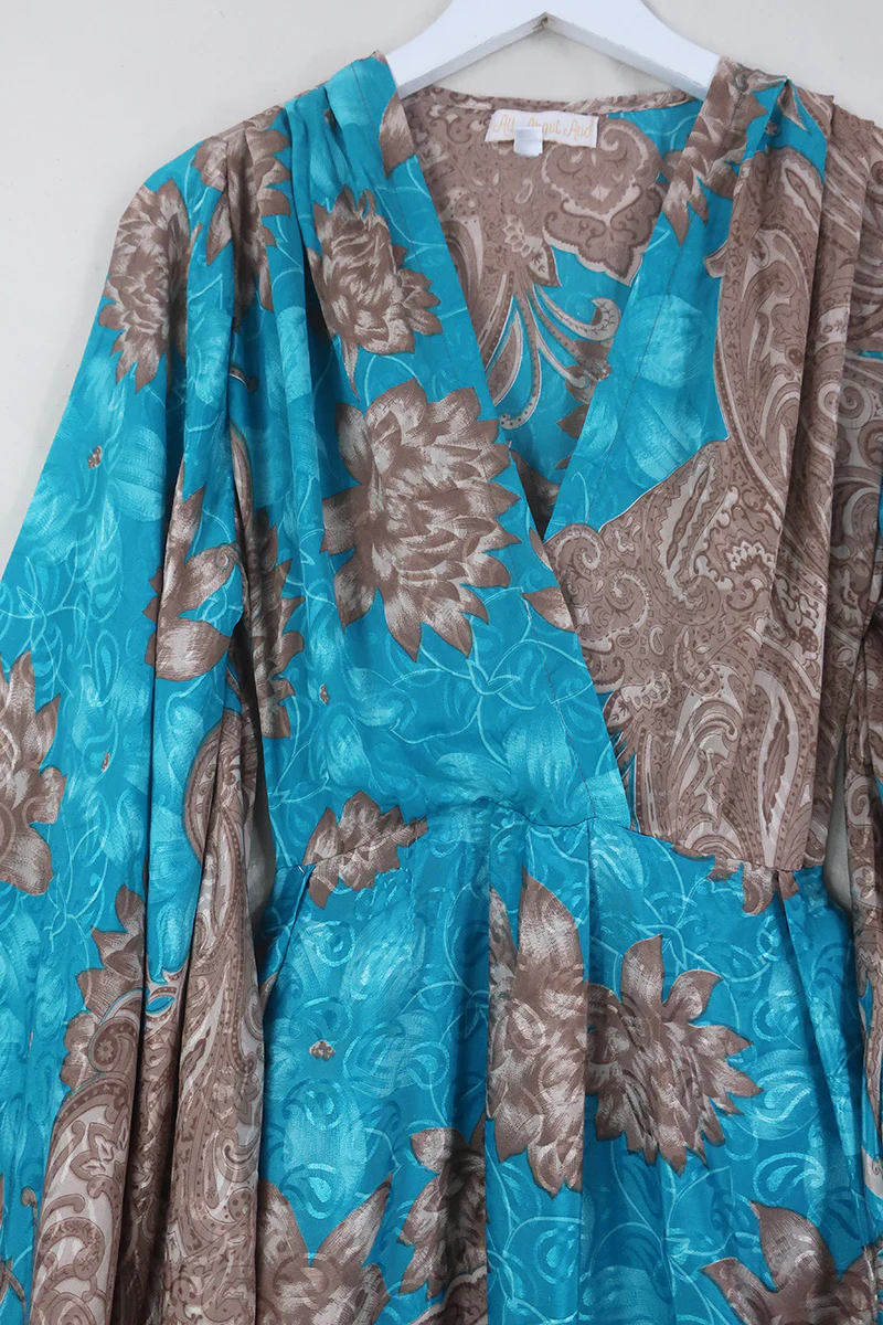 Fleur Bell Sleeve Midi Dress - Tan & Turquoise Paisley - Vintage Sari - S - M/L - Image 3