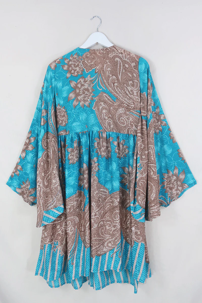 Fleur Bell Sleeve Midi Dress - Tan & Turquoise Paisley - Vintage Sari - S - M/L - Image 4