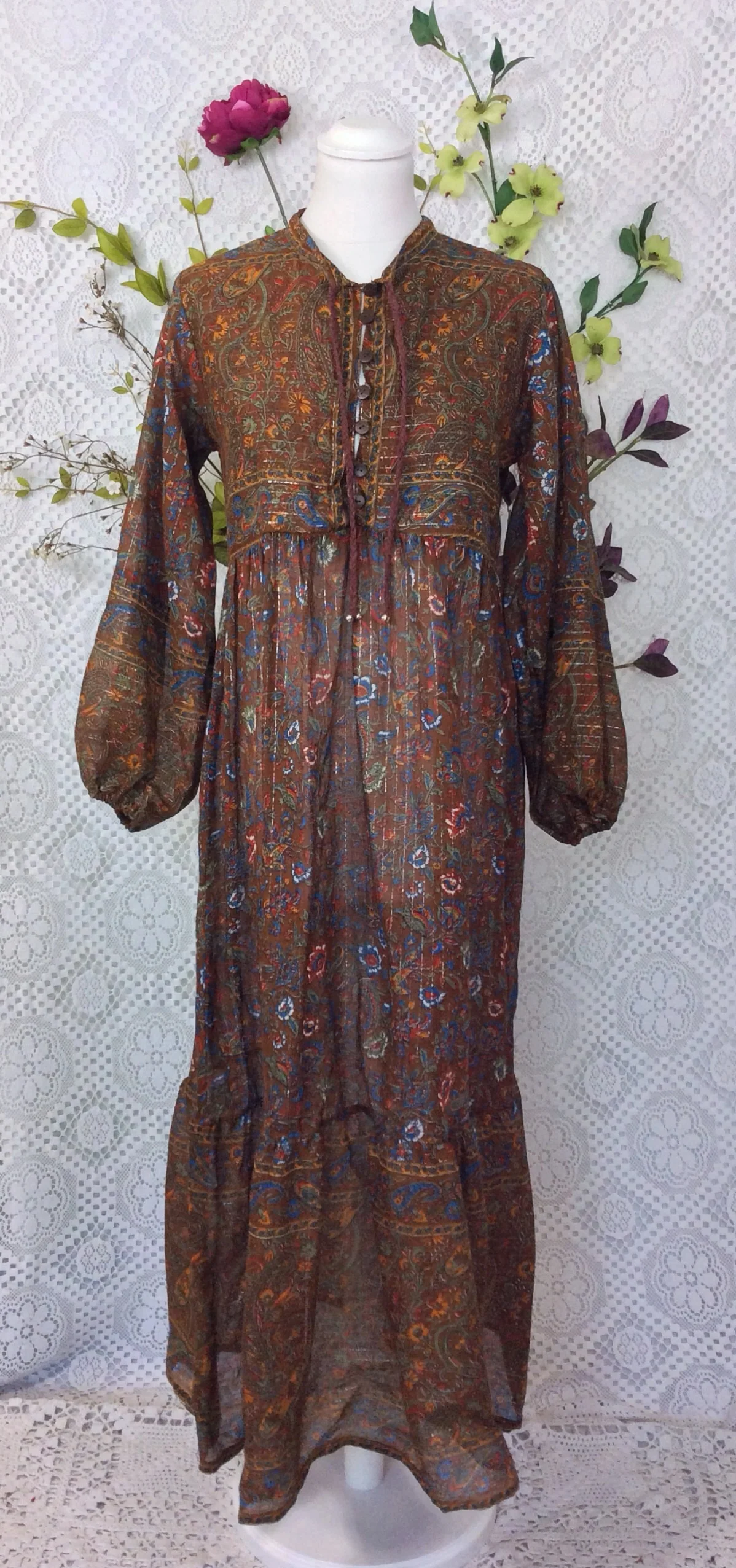 SALE Florence Dress - Sparkly Indian Cotton Smock Dress - Chestnut & Cobalt Floral Paisley - Size XS - Image 3