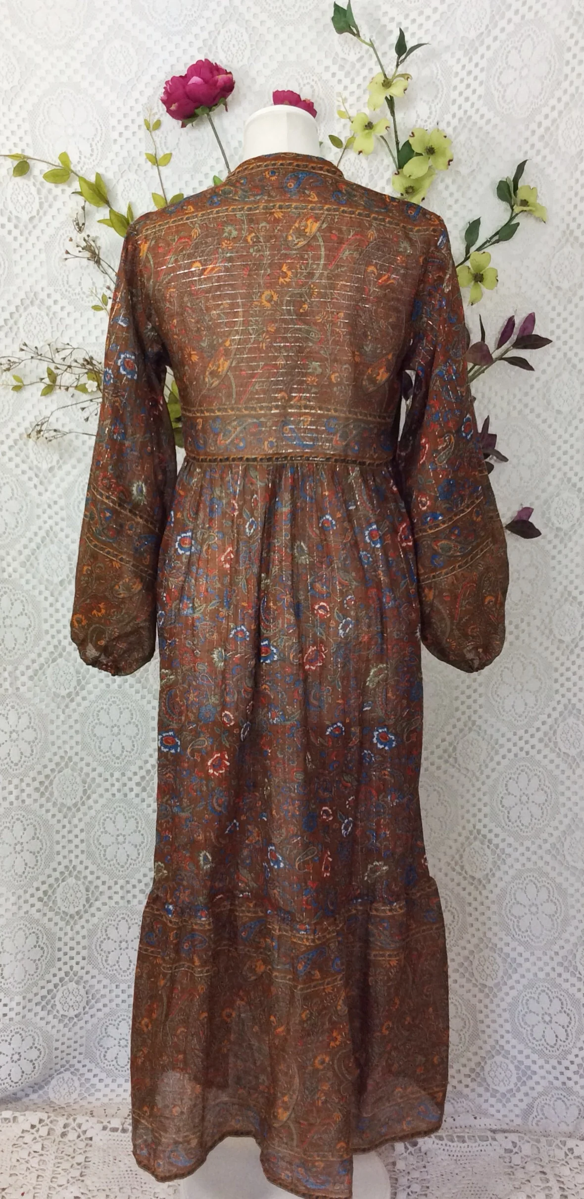 SALE Florence Dress - Sparkly Indian Cotton Smock Dress - Chestnut & Cobalt Floral Paisley - Size XS - Image 5