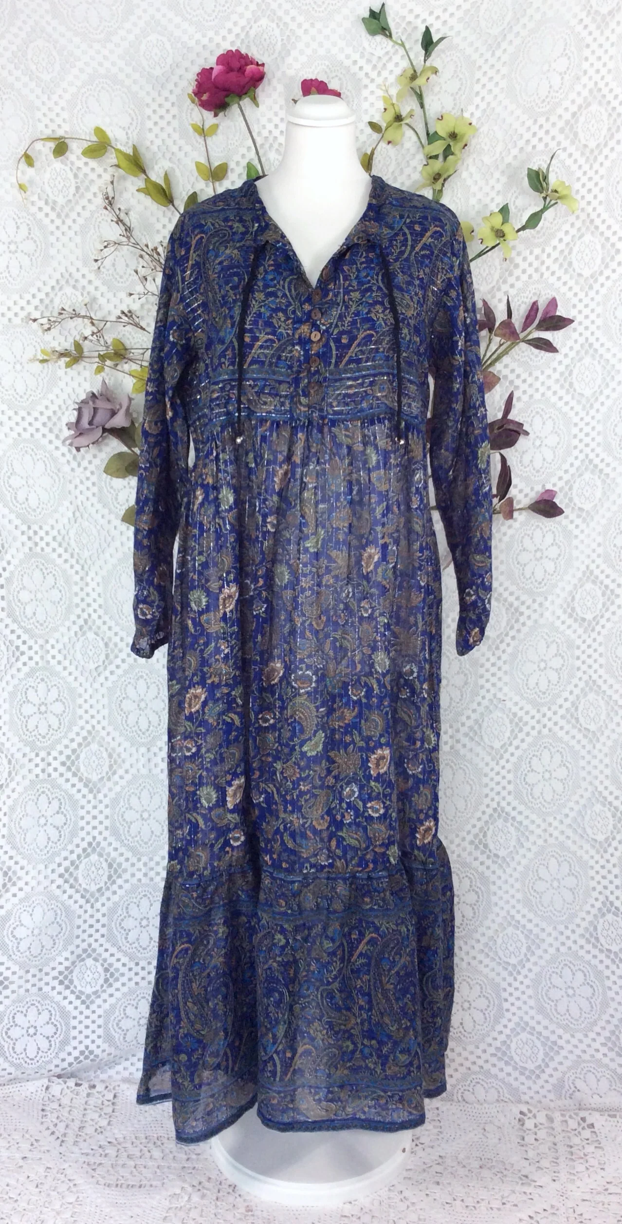 SALE Florence Dress - Sparkly Indian Cotton Smock Dress - Midnight Blue & Sage - Size XS - Image 3