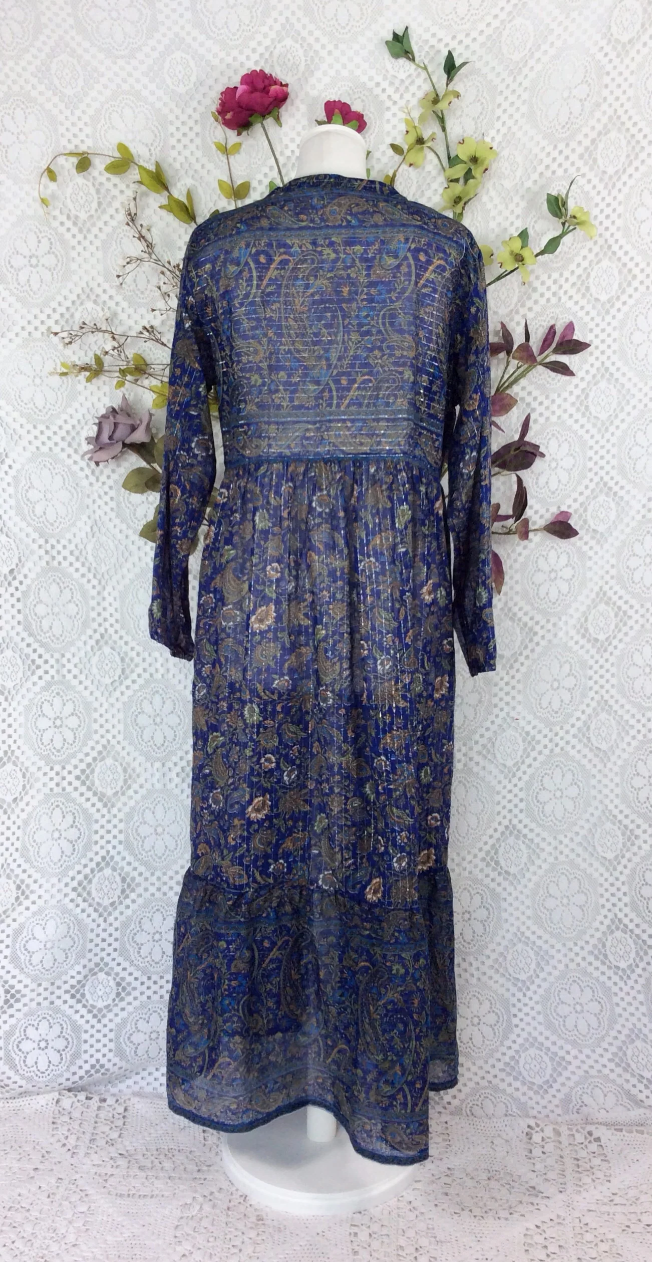SALE Florence Dress - Sparkly Indian Cotton Smock Dress - Midnight Blue & Sage - Size XS - Image 4