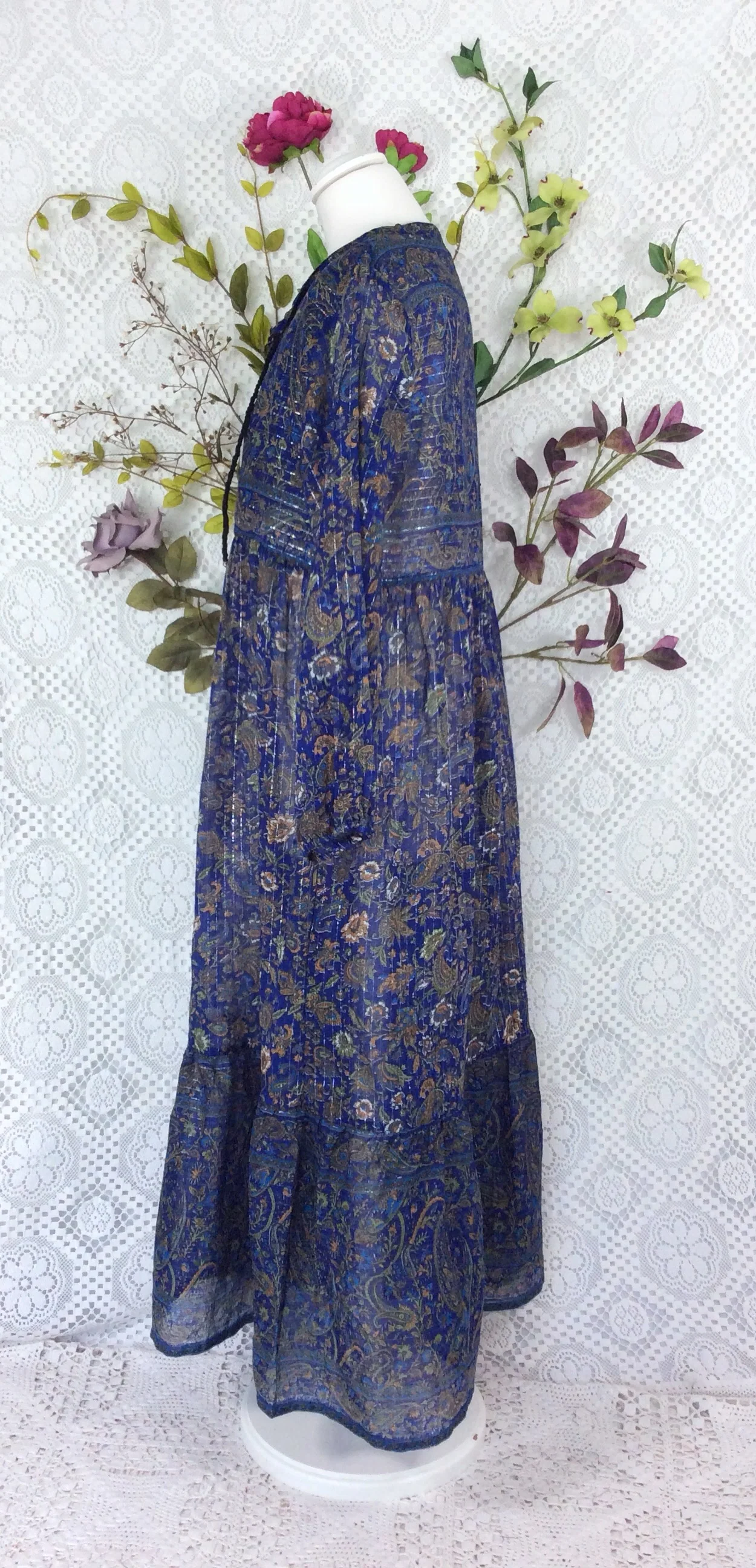 SALE Florence Dress - Sparkly Indian Cotton Smock Dress - Midnight Blue & Sage - Size XS - Image 5