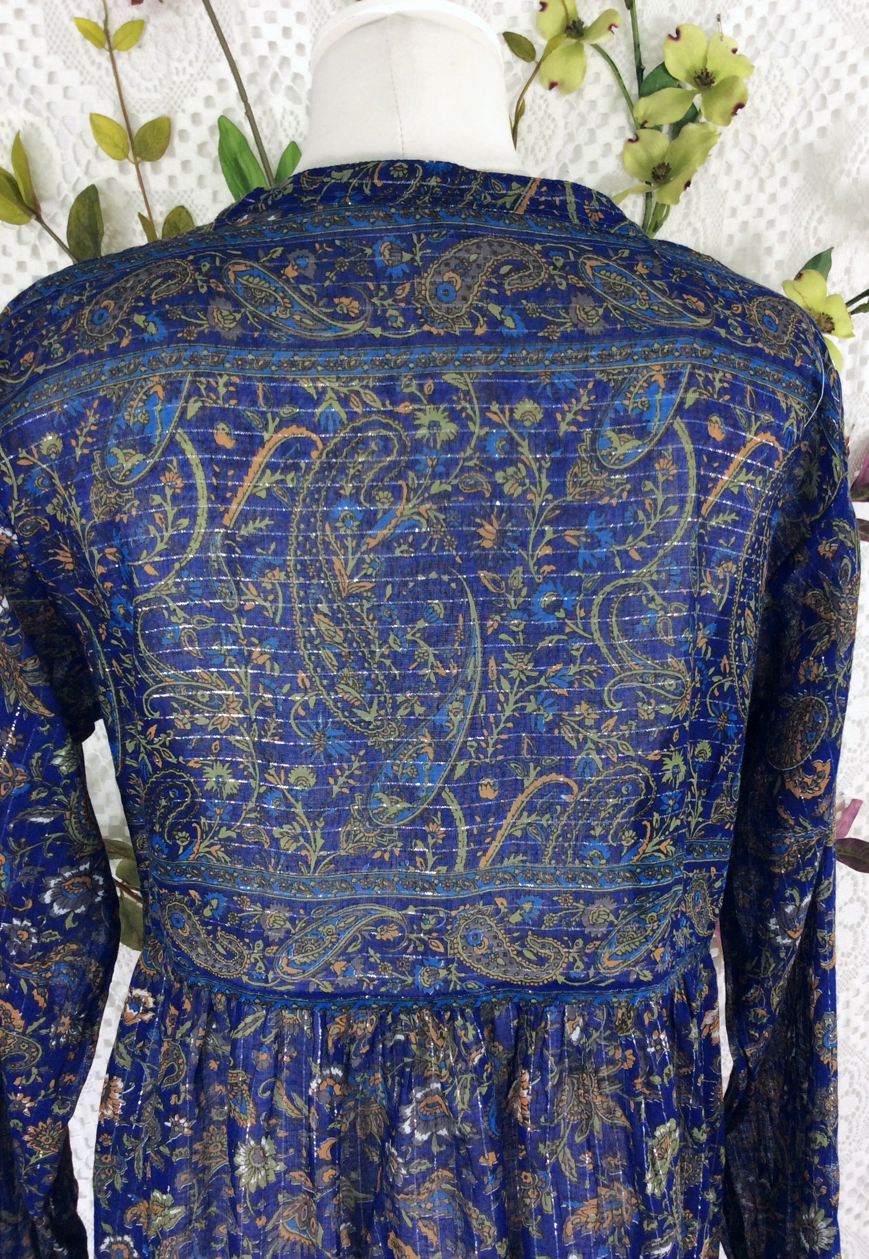 SALE Florence Dress - Sparkly Indian Cotton Smock Dress - Midnight Blue & Sage - Size XS - Image 7