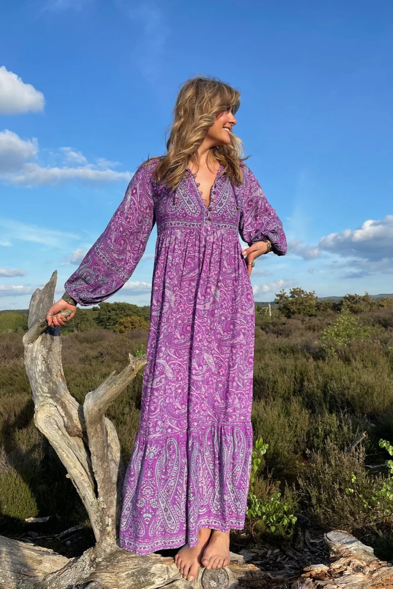 Florence Maxi Dress in Orchid Purple Paisley Floral - Image 4