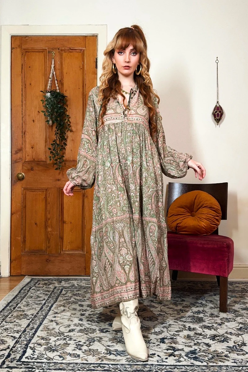 Florence Midi Dress in Sage & Blush Paisley Floral