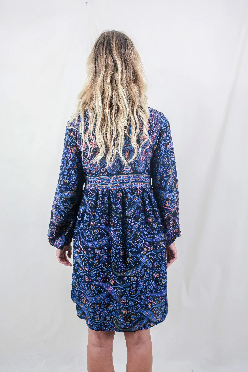 Florence Mini Dress in Midnight Sapphire Paisley Floral - Image 3