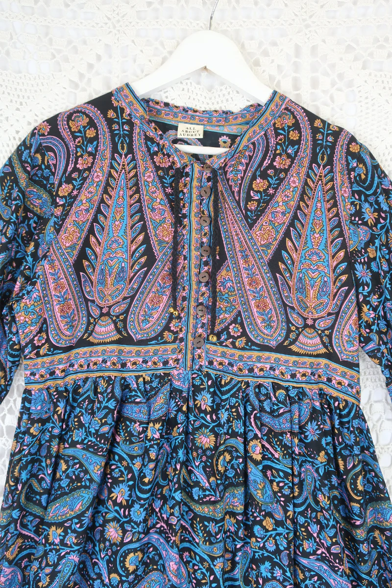 Florence Mini Dress in Midnight Sapphire Paisley Floral - Image 4