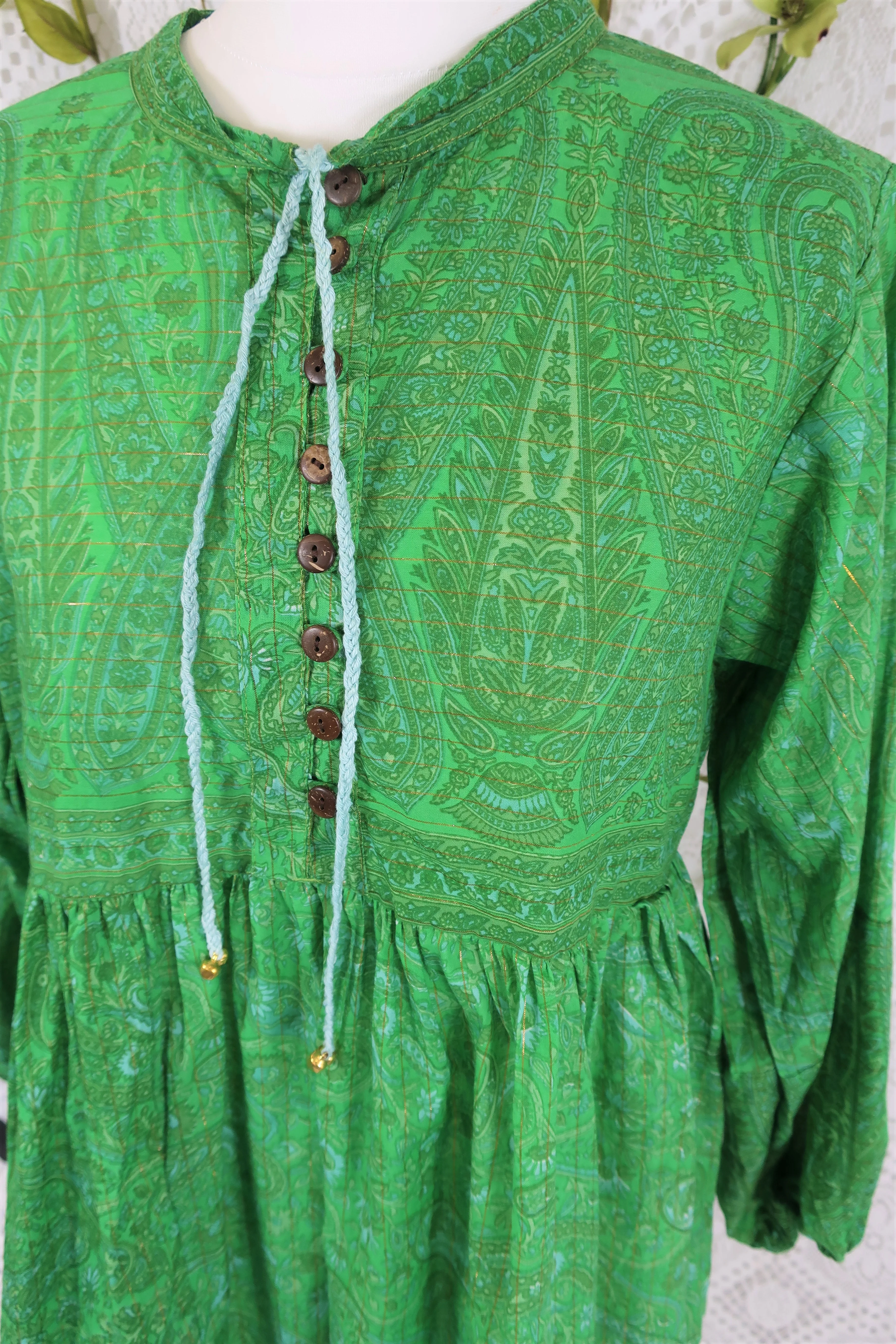 SALE Florence Smock Top - Emerald Green Paisley Floral Copper Sparkly Thread (XS) - Image 3