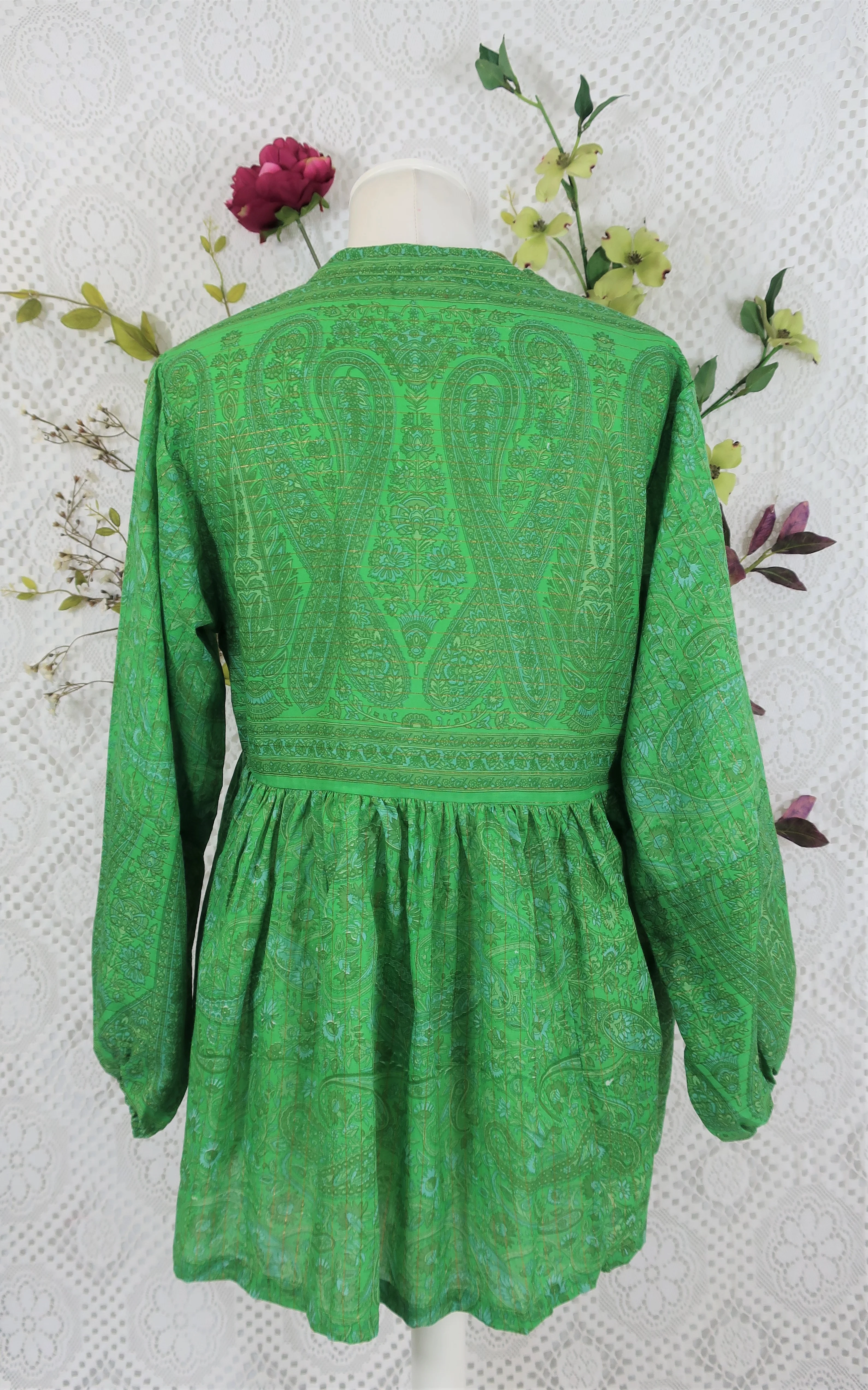 SALE Florence Smock Top - Emerald Green Paisley Floral Copper Sparkly Thread (XS) - Image 4