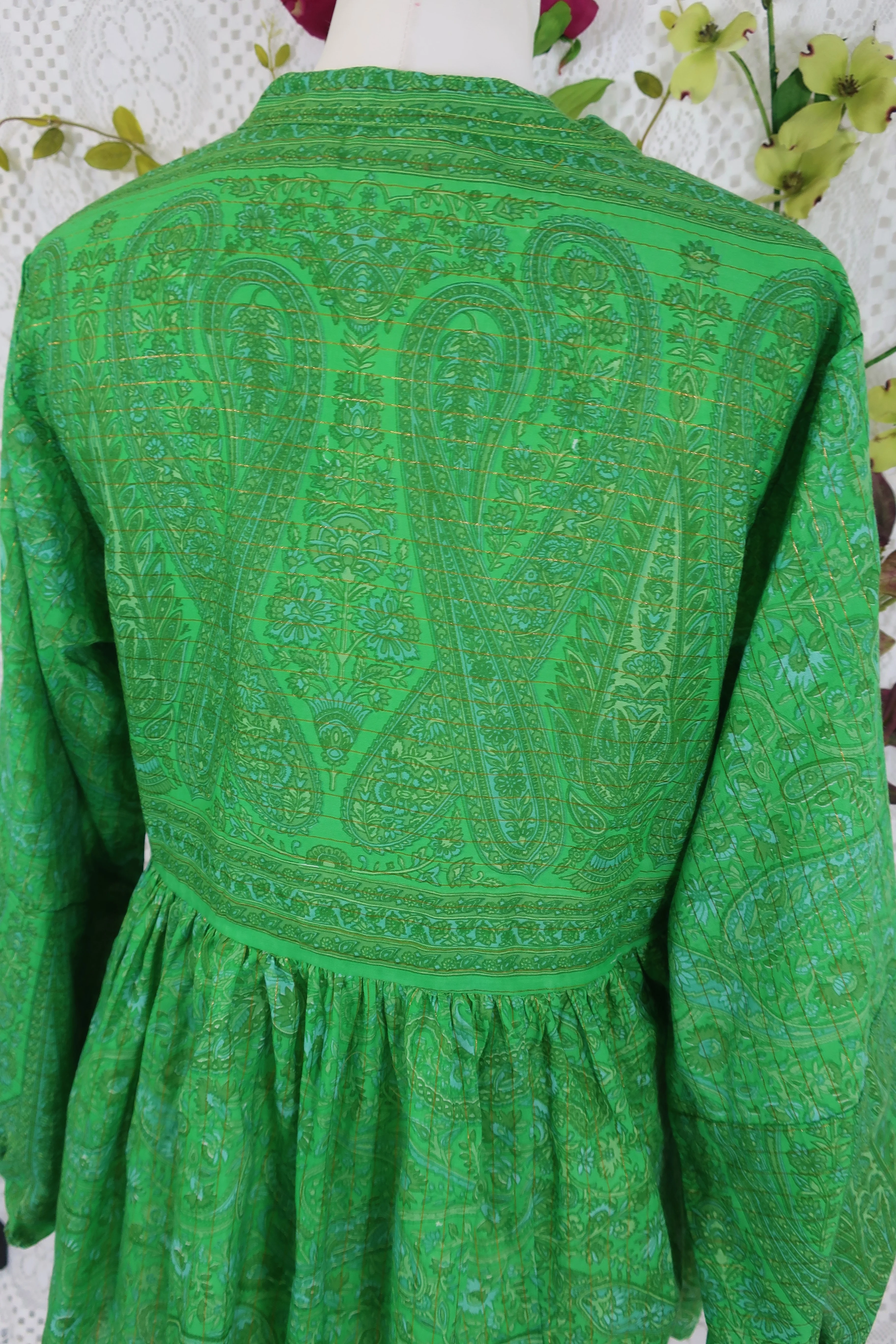 SALE Florence Smock Top - Emerald Green Paisley Floral Copper Sparkly Thread (XS) - Image 5