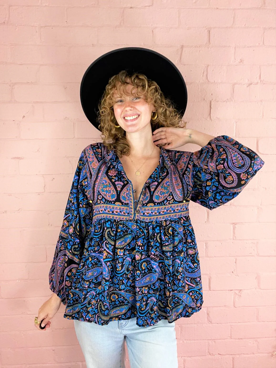 Florence Smock Top in Midnight Sapphire Paisley Floral - Image 9
