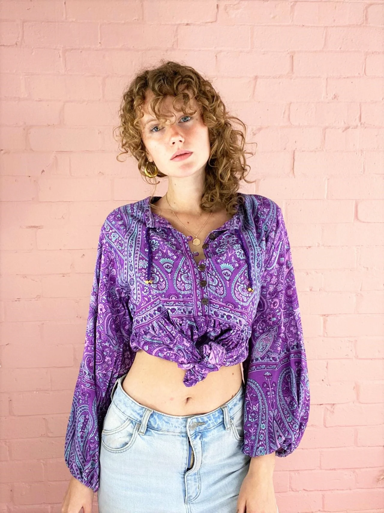 Florence Smock Top in Orchid Purple Paisley Floral - Image 2