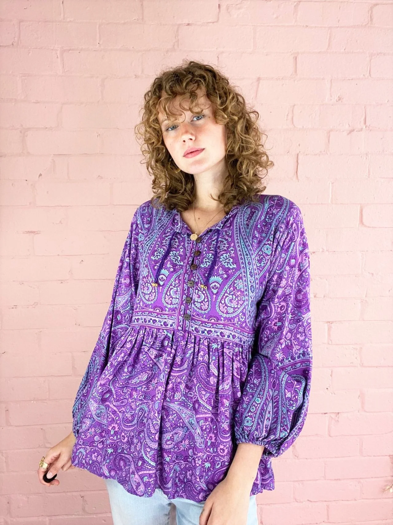 Florence Smock Top in Orchid Purple Paisley Floral - Image 4