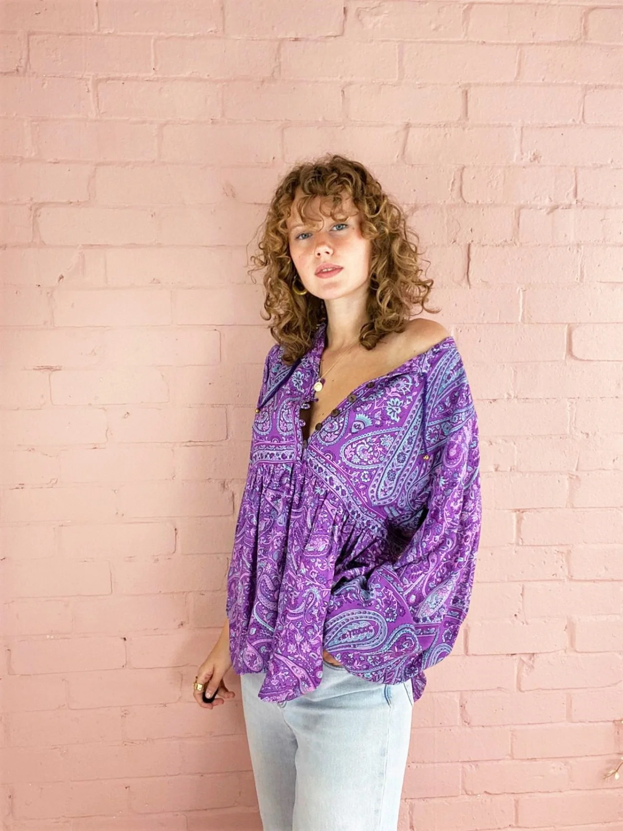 Florence Smock Top in Orchid Purple Paisley Floral - Image 7