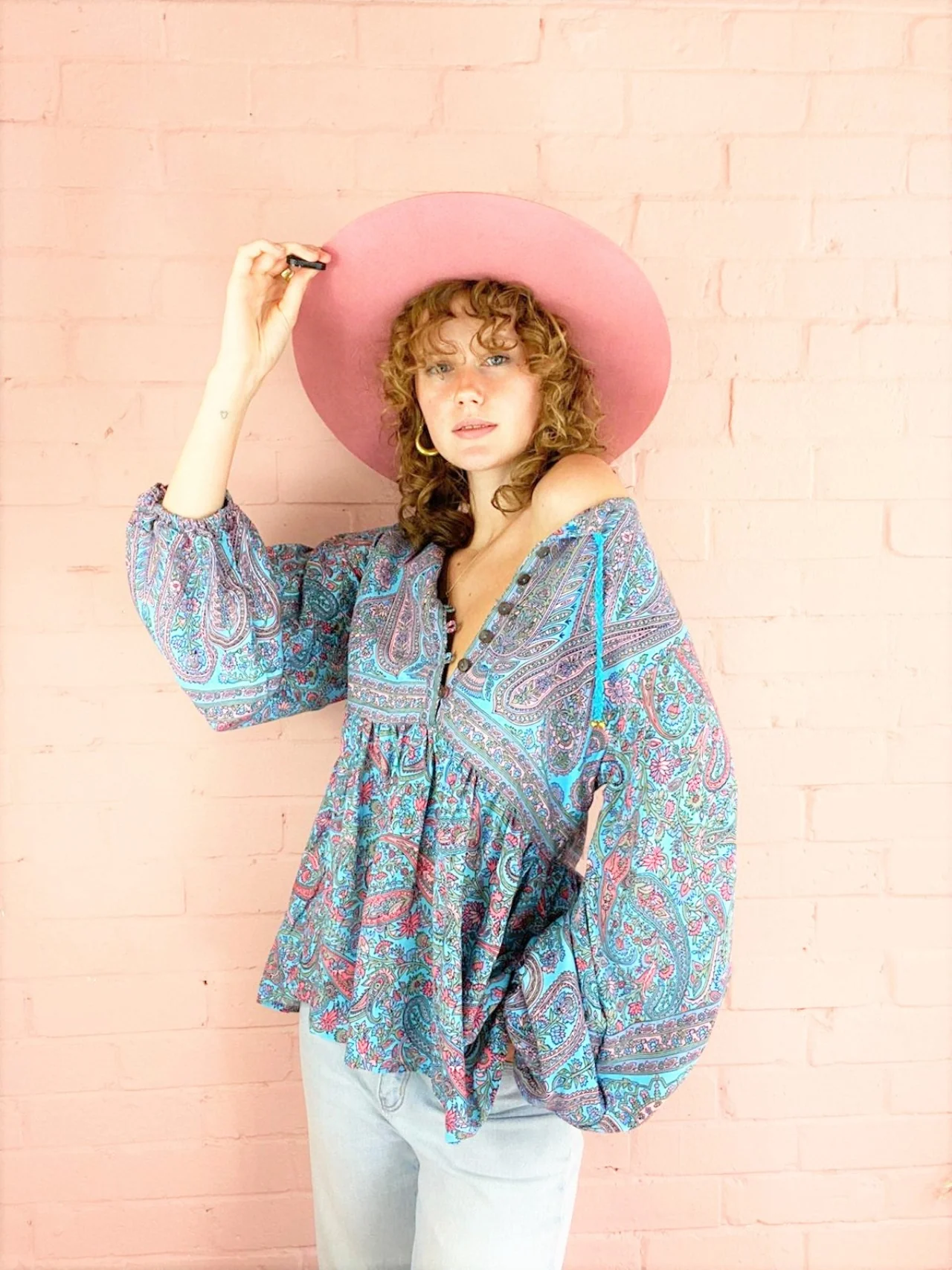 Florence Smock Top in Powder Blue & Peach Paisley Floral - Image 10
