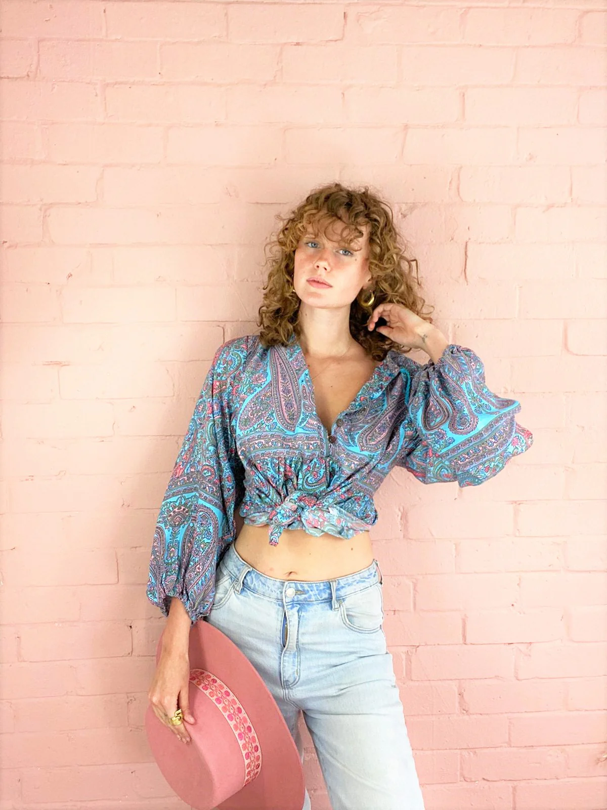 Florence Smock Top in Powder Blue & Peach Paisley Floral - Image 3