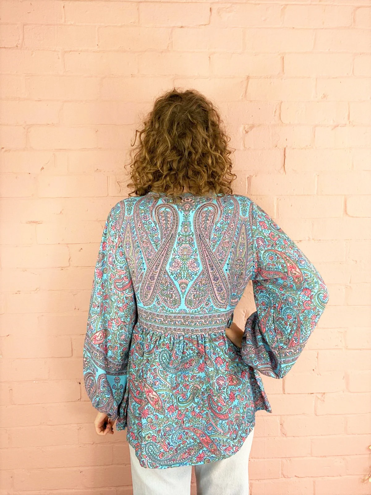 Florence Smock Top in Powder Blue & Peach Paisley Floral - Image 6