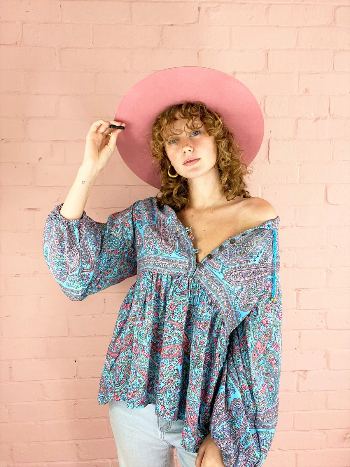 Florence Smock Top in Powder Blue & Peach Paisley Floral - Image 9