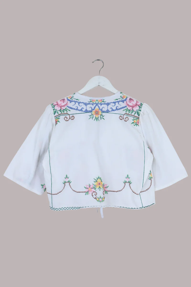 Francesca Vintage Tablecloth Cropped Blouse in Prairie Cross Stitch - Free Size - Image 3
