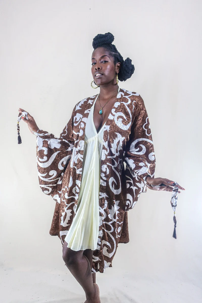 Gemini Kimono - Diamond White & Chocolate Brown Shimmer - Vintage Indian Sari - Size XL - Image 3