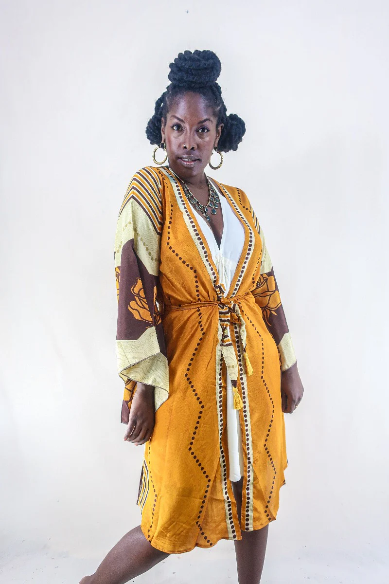 Gemini Kimono - Honey Yellow & Hazelnut Brown Chevron - Vintage Indian Sari - Size XS - Image 3