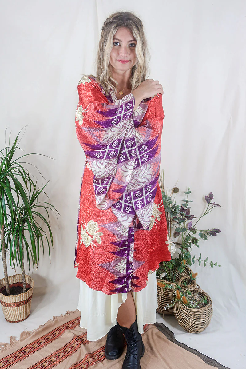 Gemini Kimono - Strawberry Red & Painted Roses - Vintage Indian Sari - Size M/L - Image 3