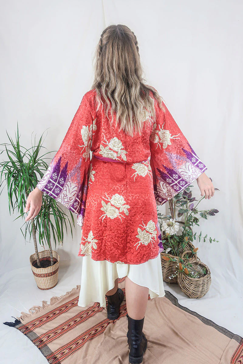 Gemini Kimono - Strawberry Red & Painted Roses - Vintage Indian Sari - Size M/L - Image 4