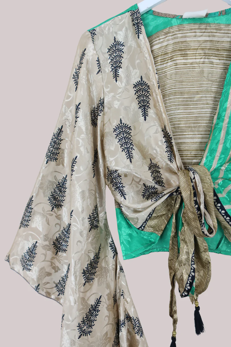 Gemini Recycled Sari Wrap Top in Champagne Gold & Emerald - Size M/L - Image 2