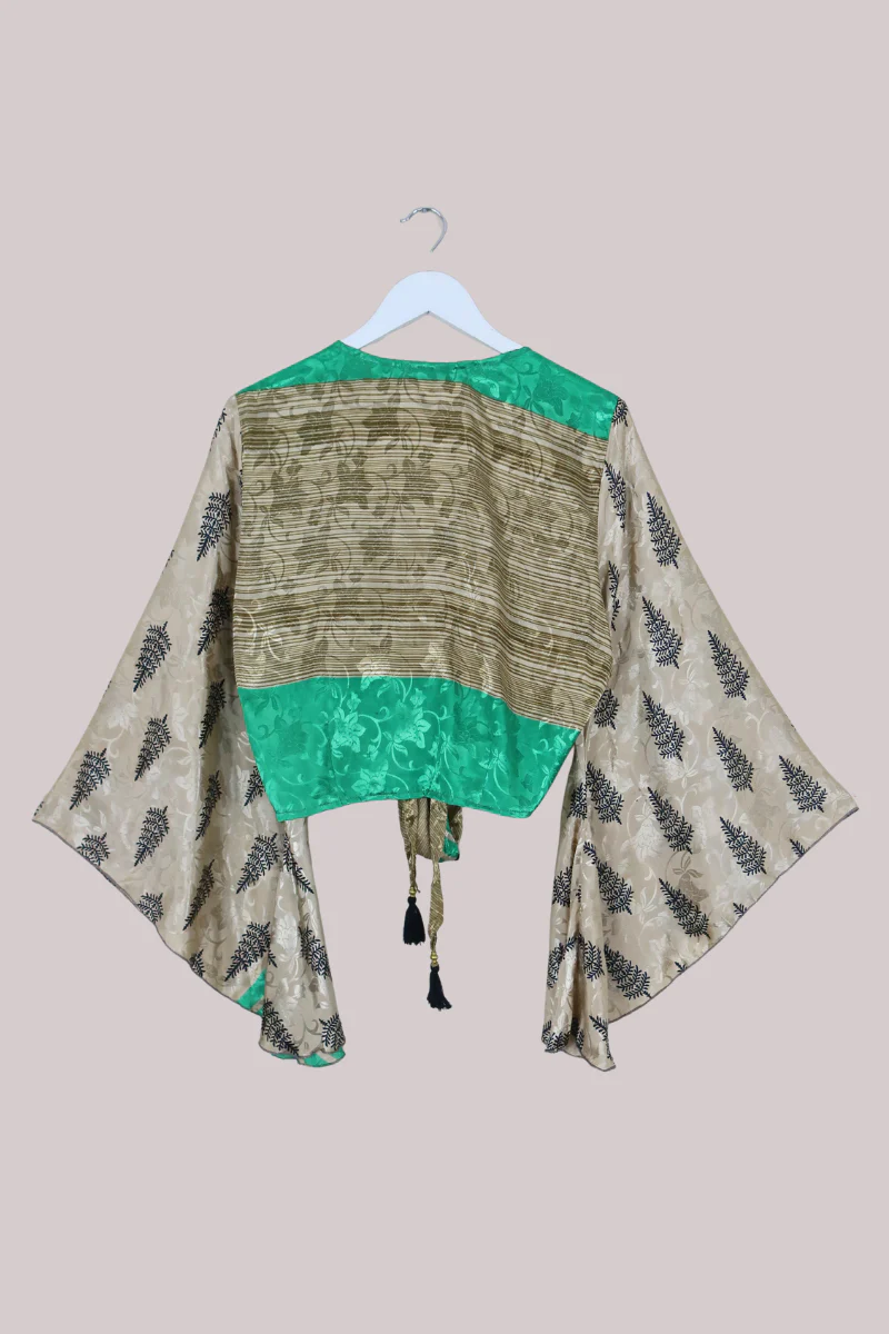 Gemini Recycled Sari Wrap Top in Champagne Gold & Emerald - Size M/L - Image 3