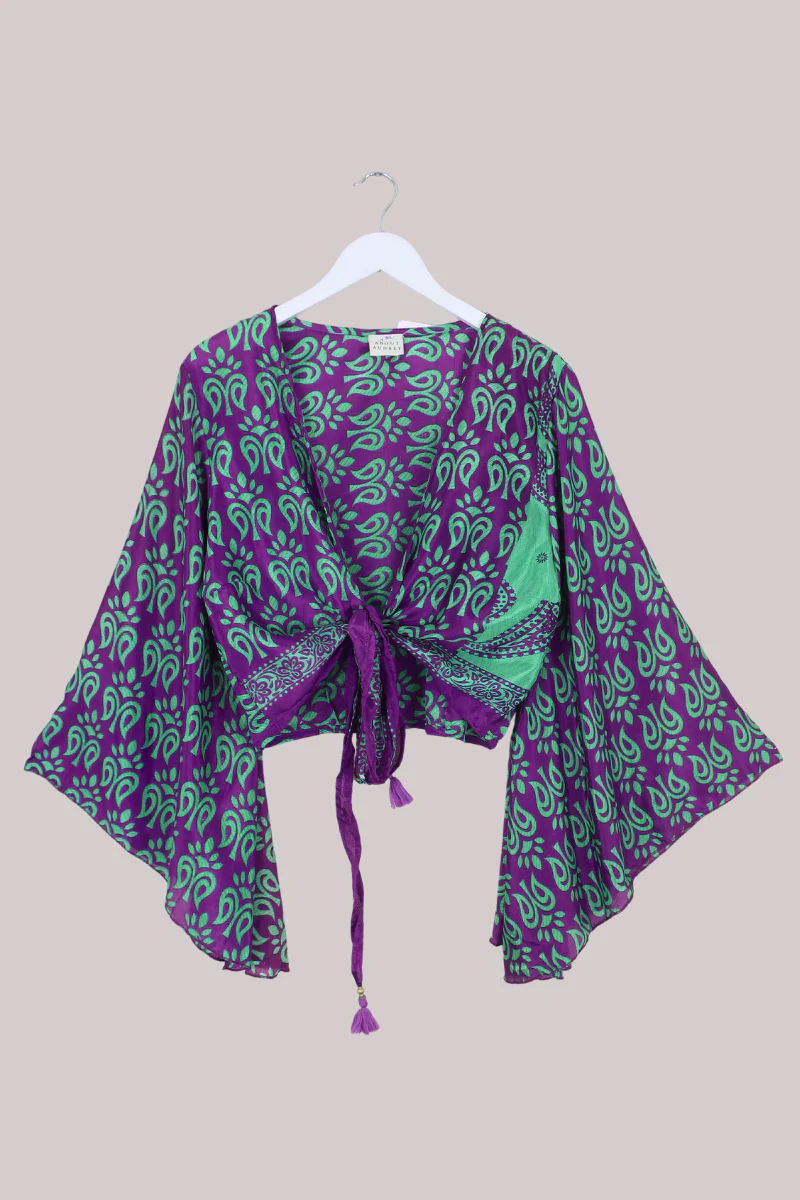 Gemini Recycled Sari Wrap Top in Daphne Purple & Lime - Size M/L