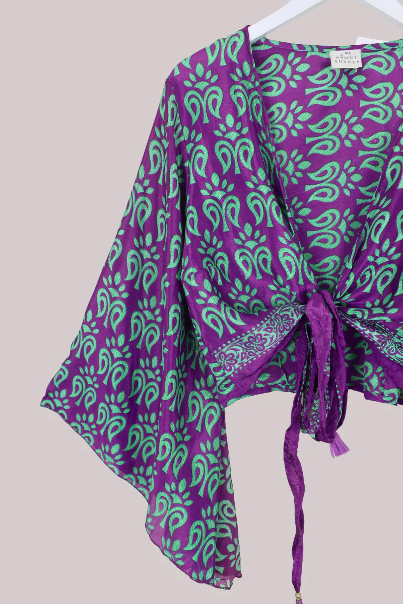 Gemini Recycled Sari Wrap Top in Daphne Purple & Lime - Size M/L - Image 2