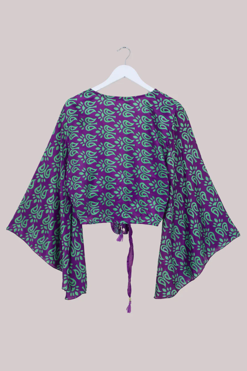 Gemini Recycled Sari Wrap Top in Daphne Purple & Lime - Size M/L - Image 3